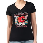 Women's G-III 4Her by Carl Banks Black Calgary Flames Super-Slim Fit Lightweight Flower Logo V-Neck T-Shirt